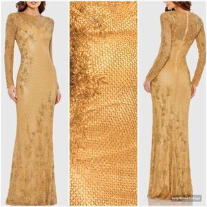 MAC DUGGAL 5504 Long Sleeve Embellished Evening Gown Dress Gold